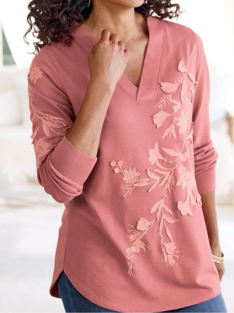Soft Surroundings Embroidered French Terry Tunic Top V-Neck Pink Coral Plus 2X